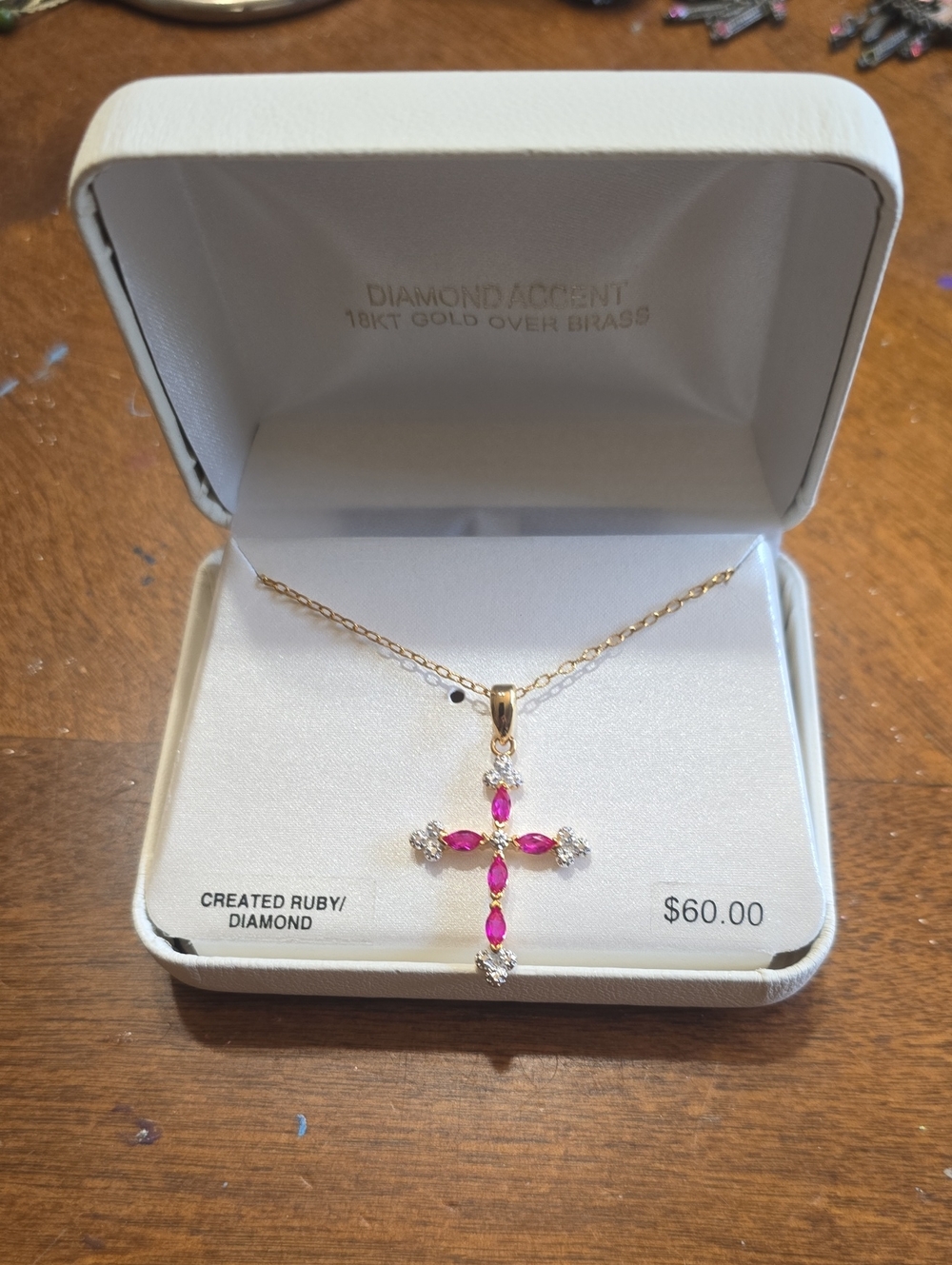 Created Ruby Cross Pendant Necklace - Gold